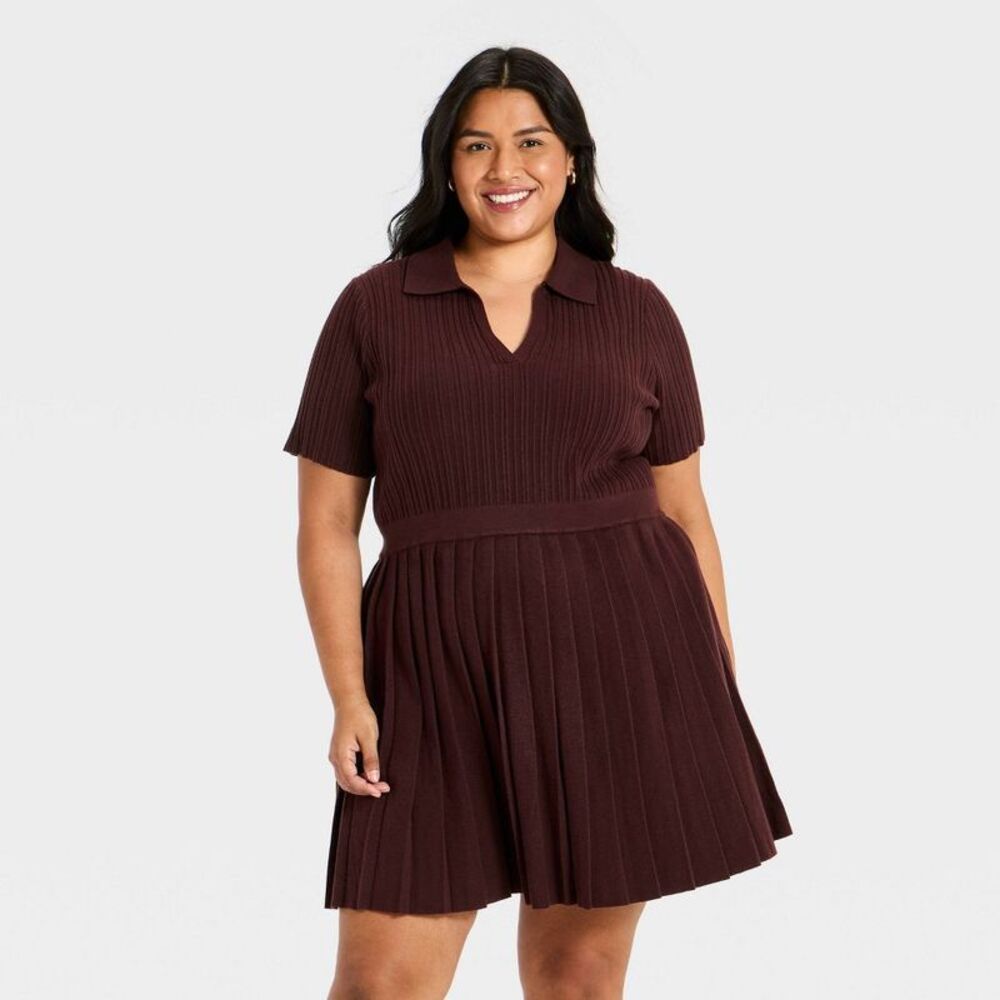 Women's Plus Short Sleeve Pleated Mini Sweater Dress - Ava & Viv Brown 1X